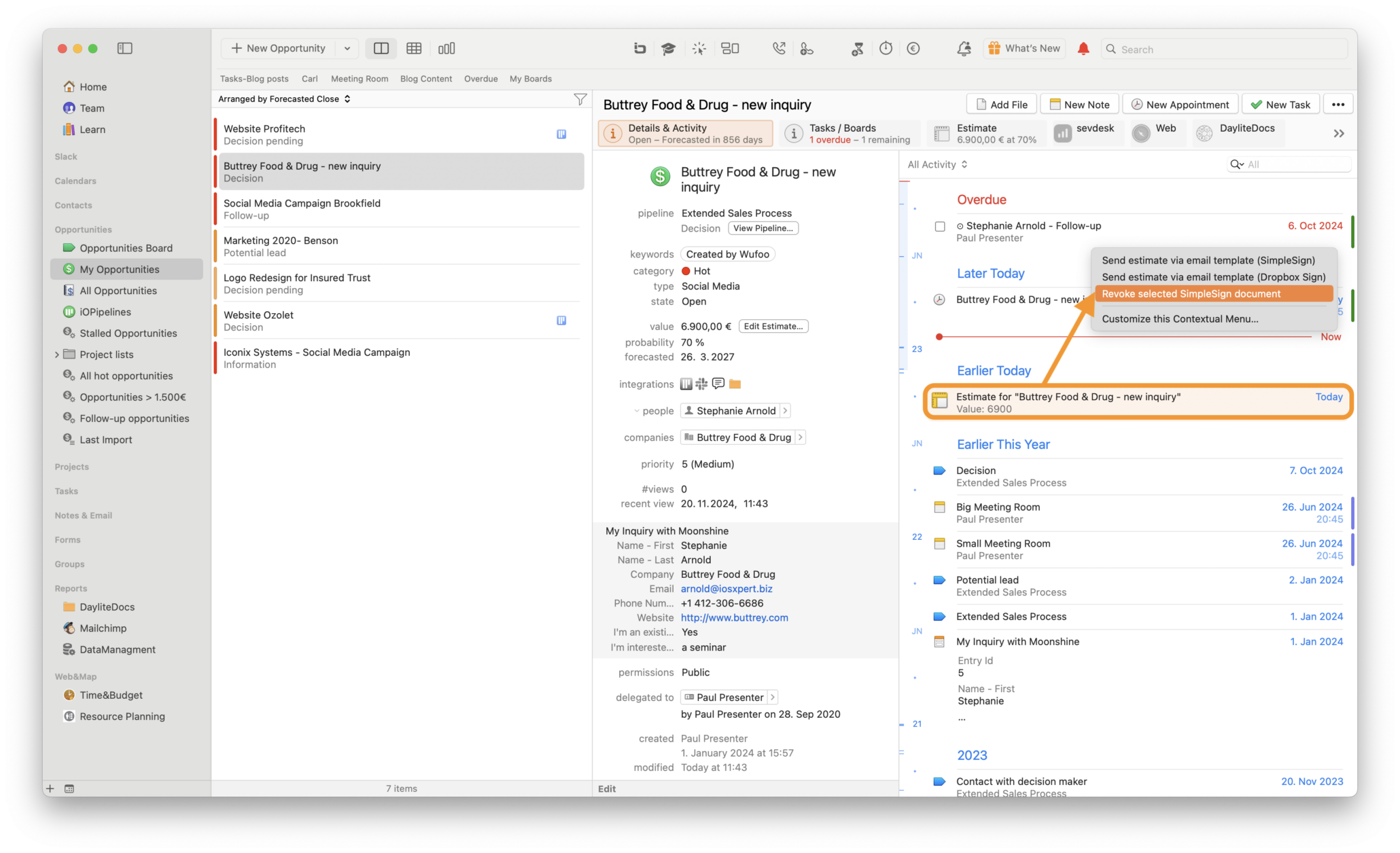 Revoke estimate within the Daylite sales opportunity 