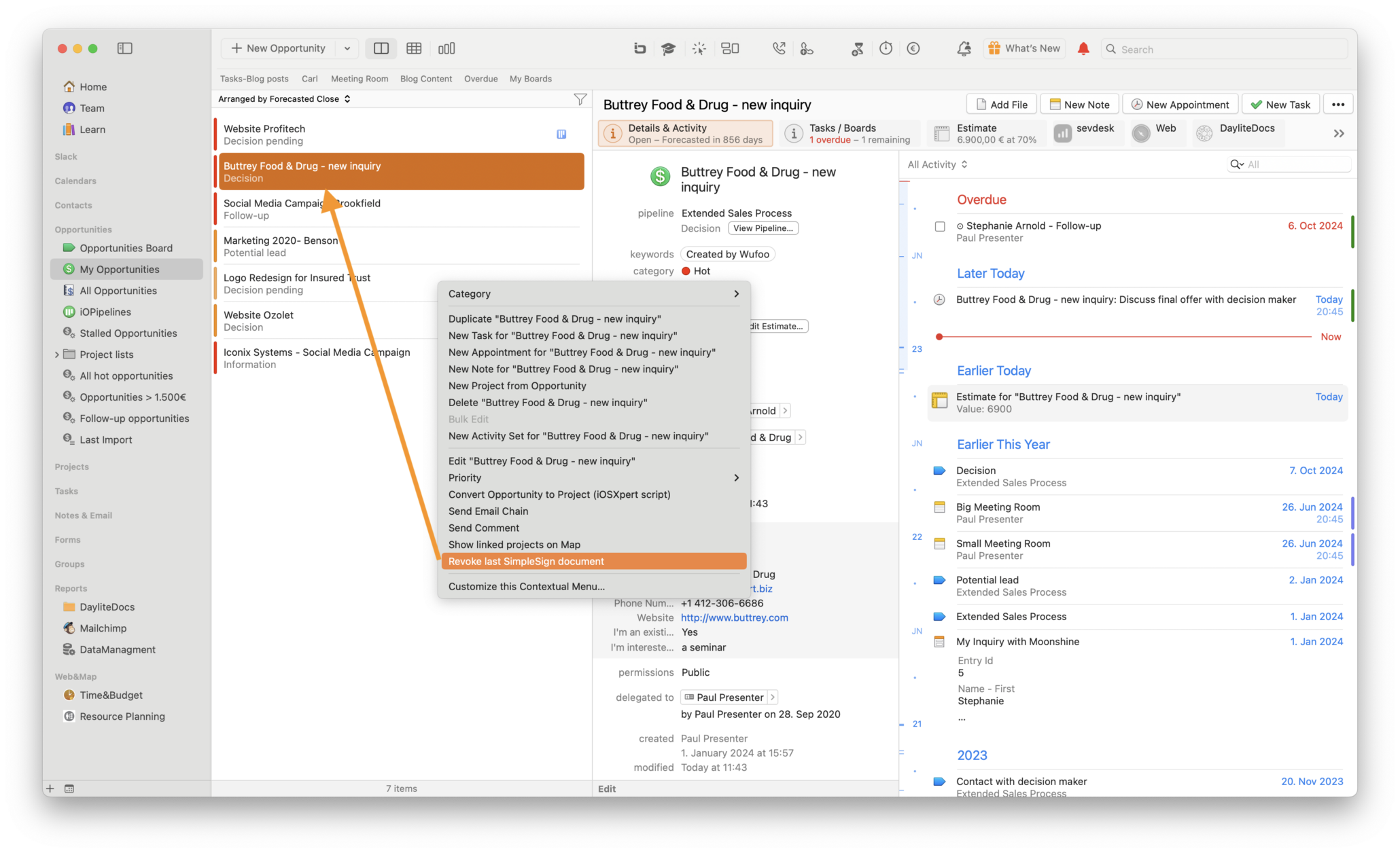 Revoke estimate within Daylite sales opportunity 